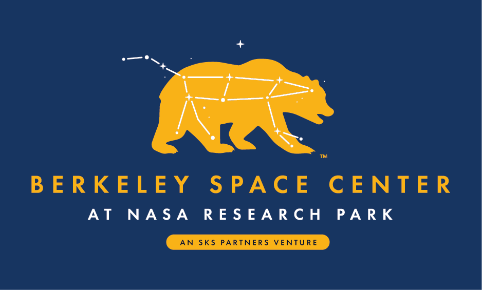 Golden bear overlaid on the bear constellation above BERKELEY SPACE CENTER AT NASA RESEARCH PARK An SKS Venture on a blue square