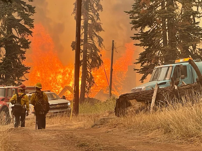 Two wildland firefighters stand in front of a house as it burns. Their backs are to the camera, and a few vehicles and trucks are in the middle ground.
