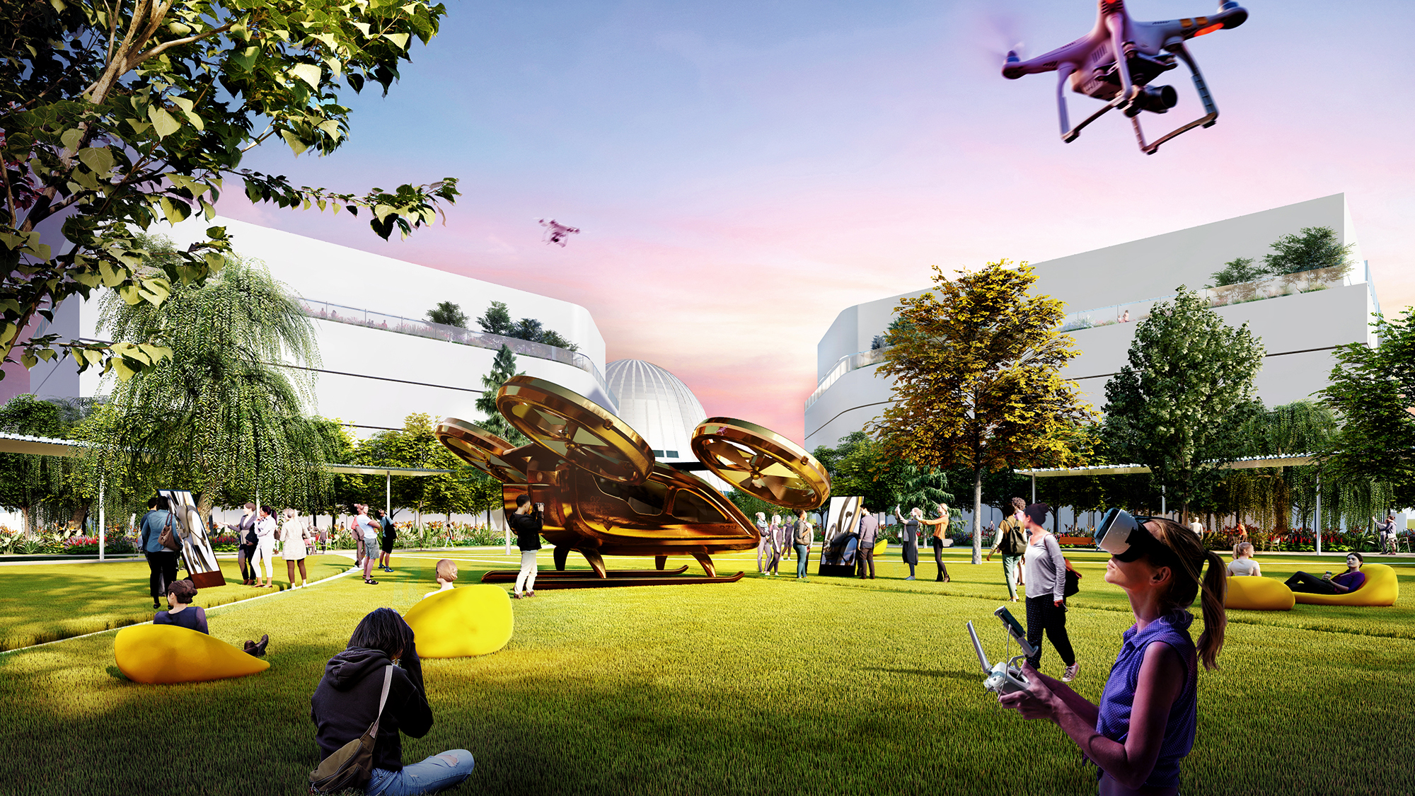 A visual rendering of how people might enjoy the campus, including flying drones and lounging