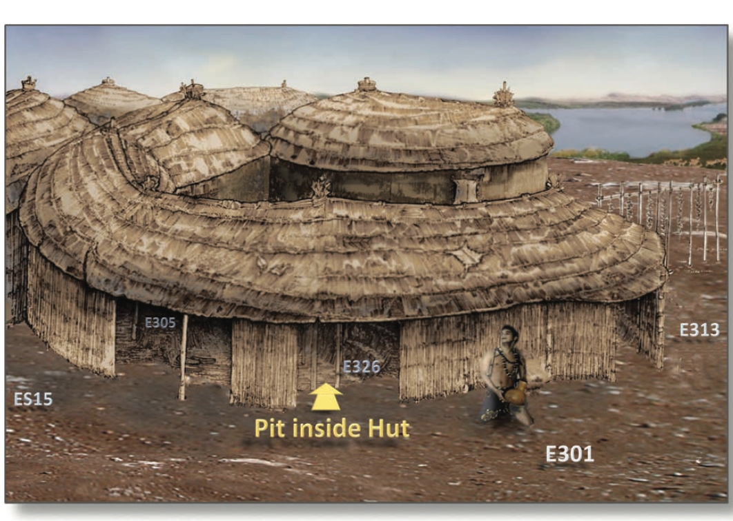 Illustration of a prehistoric hut made of plant material with a person outside. A label reads "Pit inside hut"