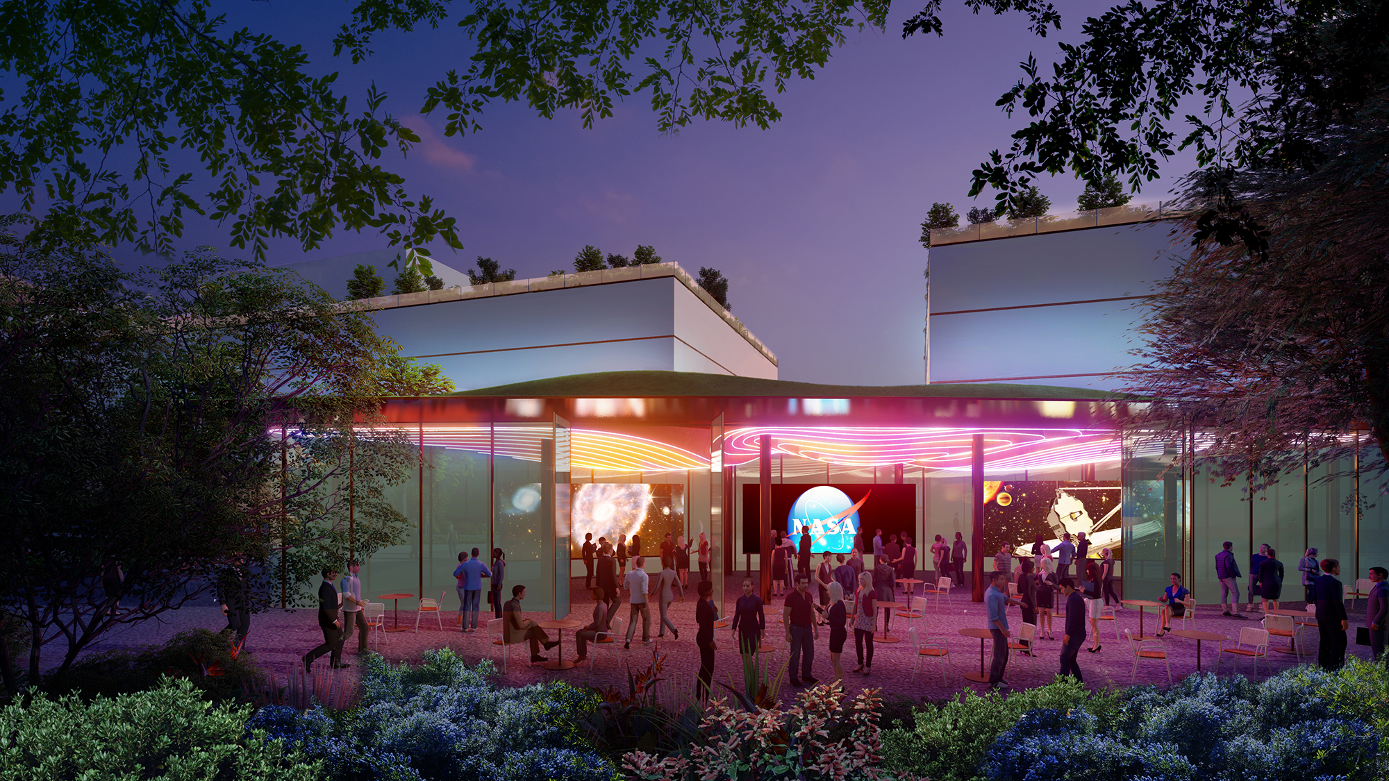 Rendering of a pavilion brightly lit in pink lights with the NASA logo in the middle