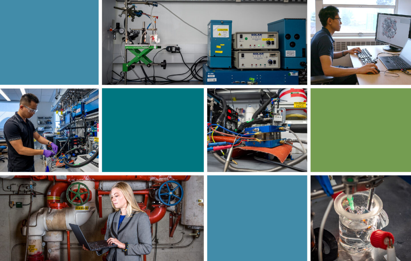 A rectangular grid with 6 pictures of researchers working on clean hydrogen projects, interspersed with blue and green spaces.
