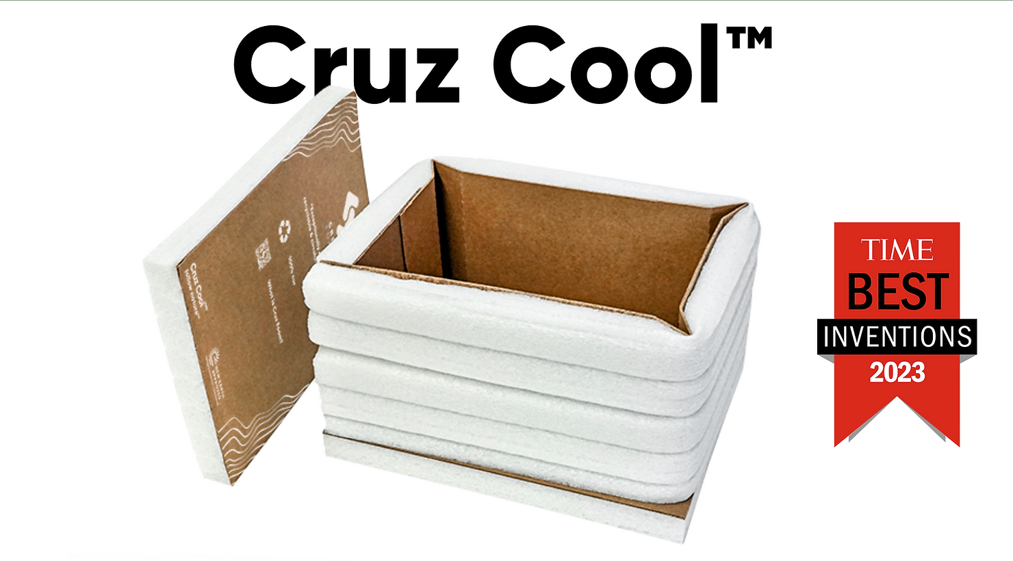A box lid and a box with special white packaging material on the outside with Cruz Cool on the top in letters and a Time Best Inventions 2023 banner on the side