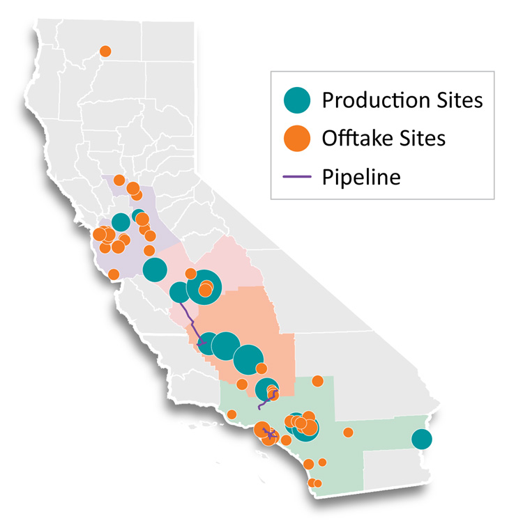 A map of California showing locations of ARCHES hydrogen infrastructure projects, with production sites marked by teal, offtake sites marked by orange, and a pipeline sketched in purple.