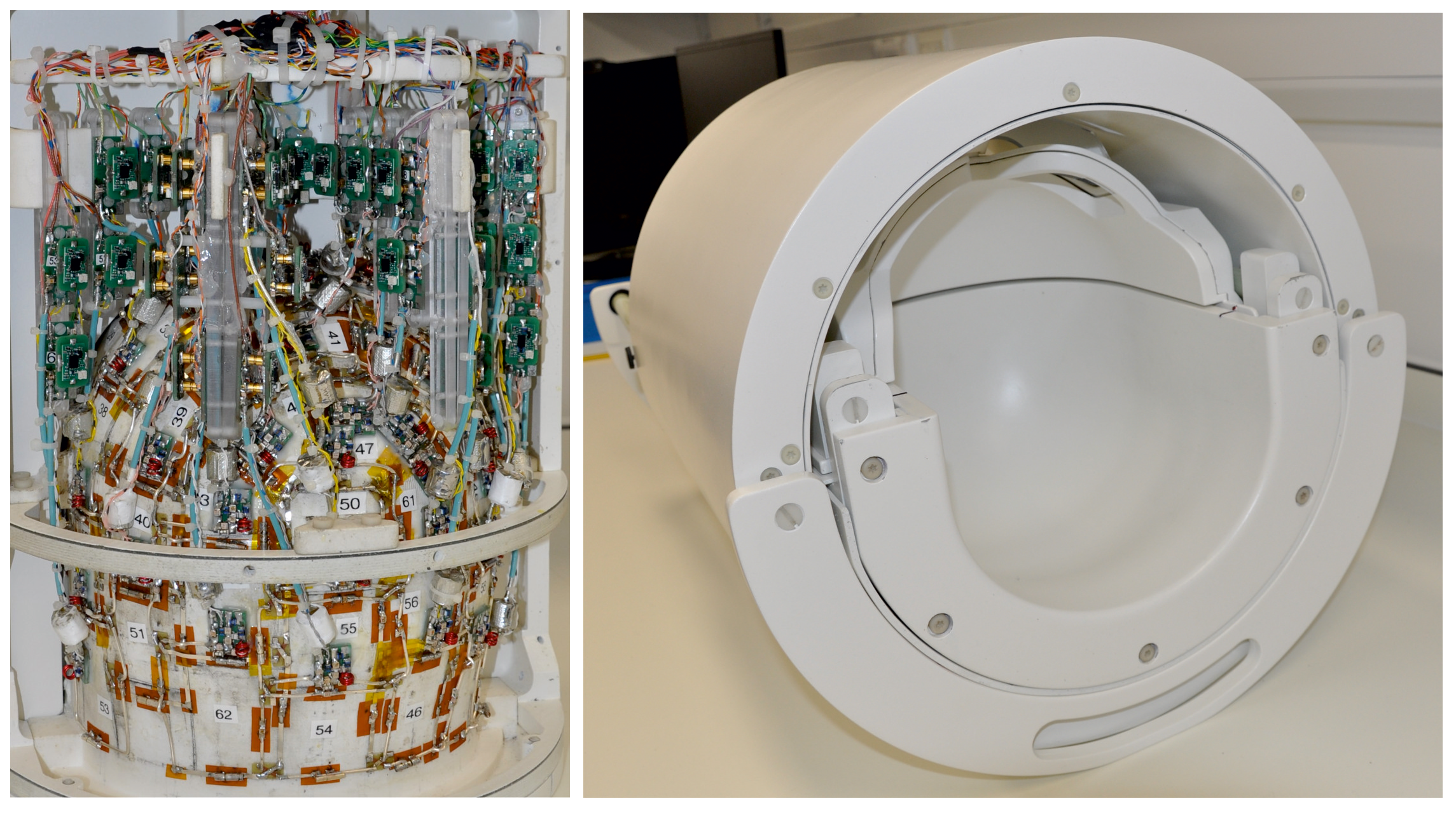 Jumble of circuits on the left and a bowl-looking coil for the human head on the right