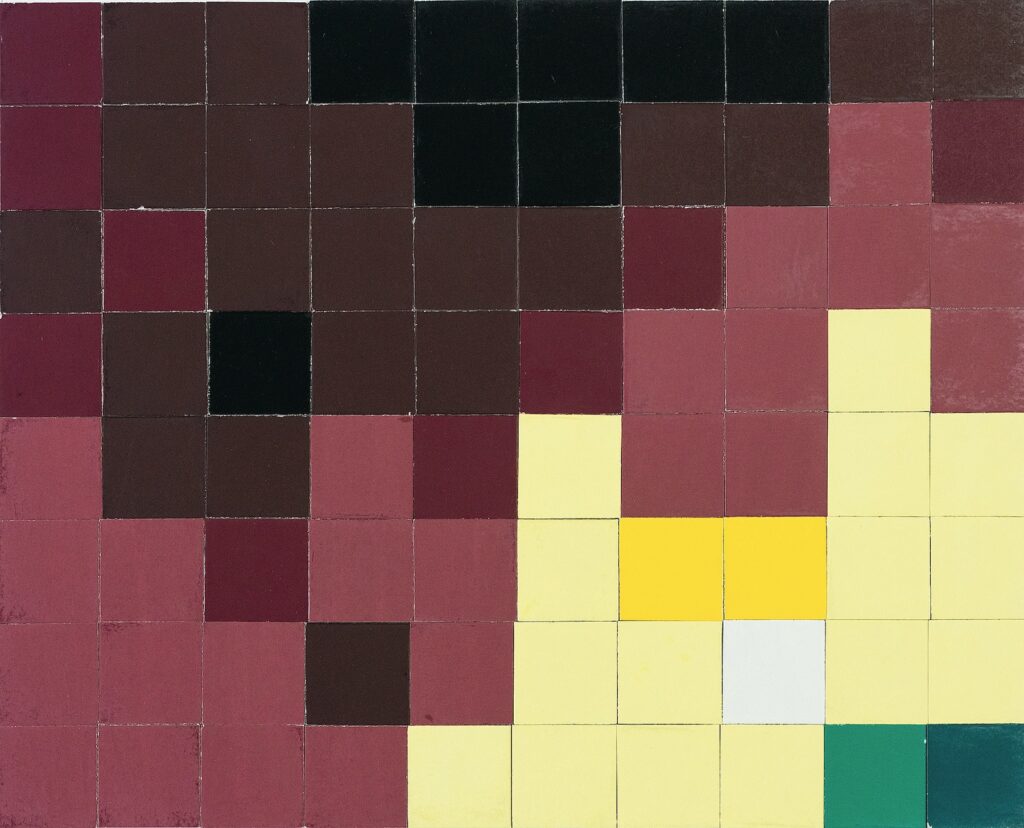 A grid of square tiles, colored black, brown, maroon, yellow, and green, in an abstract pattern