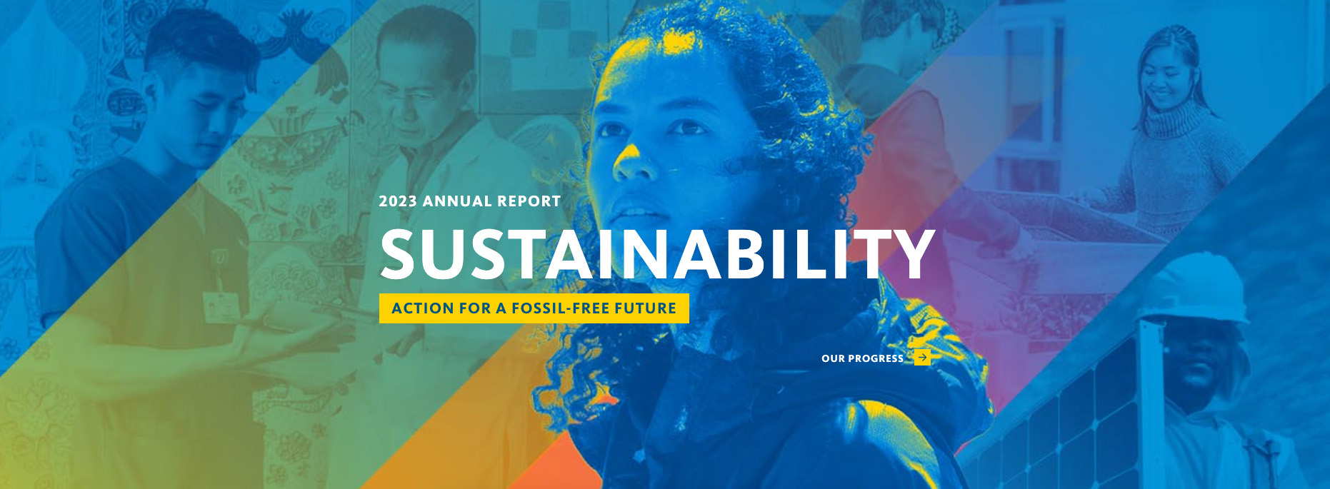 Photo collage of people doing sustainability tasks with SUSTAINABILITY ANNUAL REPORT wordmark overlaid