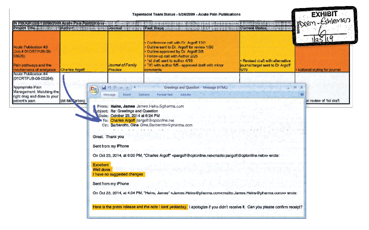 Email displayed over a spreadsheet showing doctors being paid to endorse medications in journals