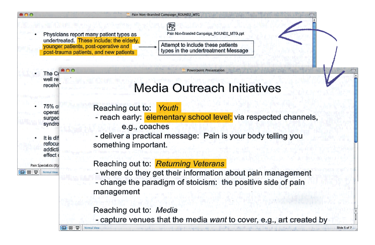 An image of two emails overlaid on one another with highlighted pieces. The foregrounded email is called Media Outreach Initiative and details manipulative marketing tactics for different age groups (youth, veterans)