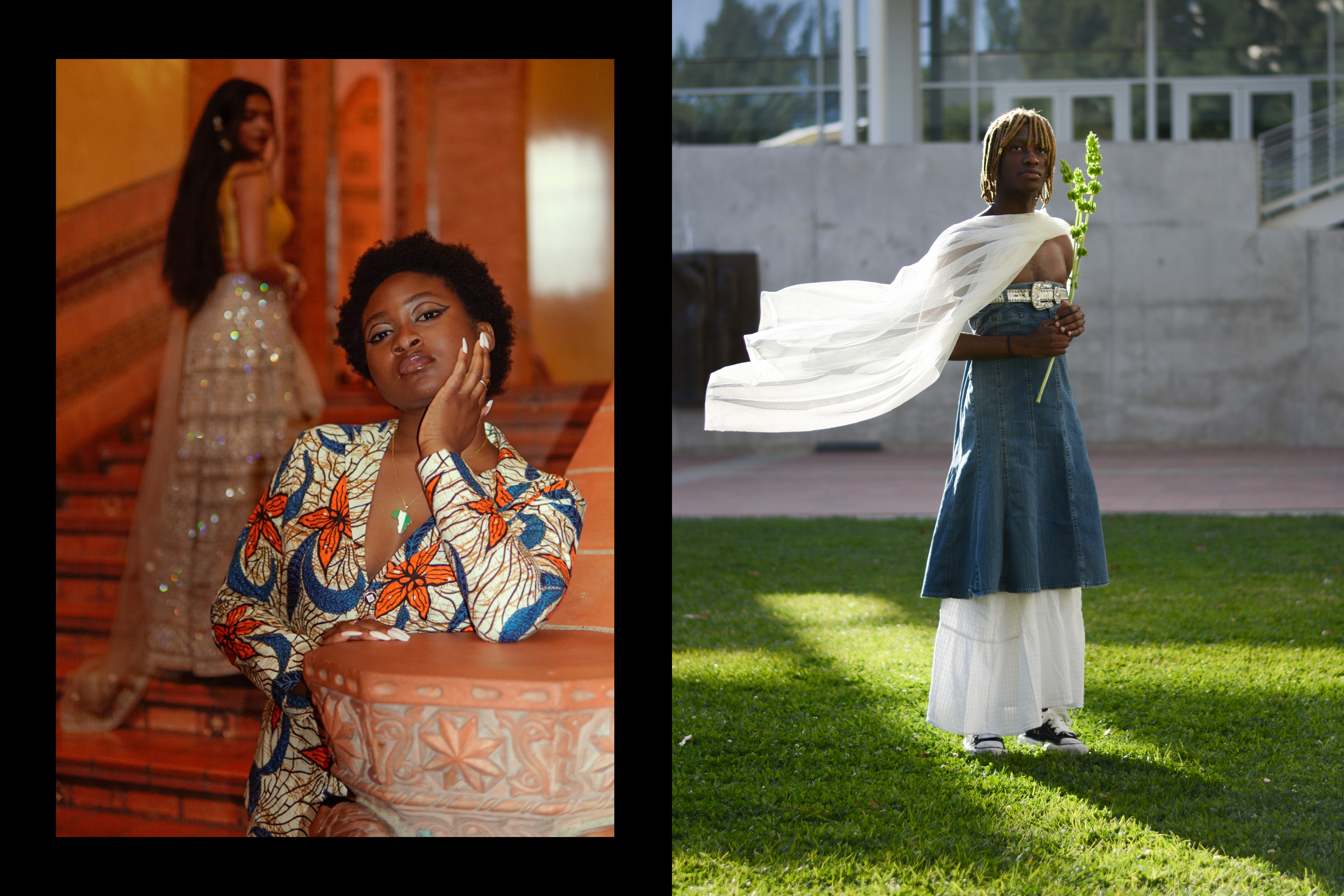 2 photo collage. Photo on left: 2 young women pose in colorful dresses. Photo on left: a man wearing a flowy, lacey white cape, denim strapless dress covering his midriff to knees, a white lacey long skirt, holding a sprig of greenery, standing on a green lawn, looking at camera with a slight smile 
