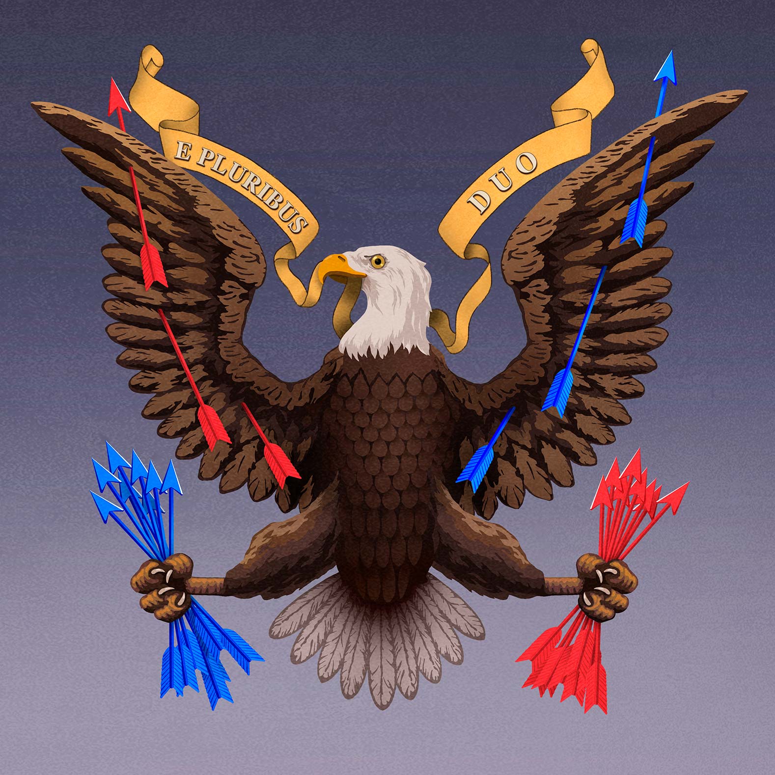 An illustration of an eagle holding blue arrows and red arrows in its talons