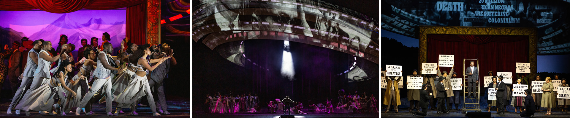 Three images showing scenes from the X opera: figures in a group dance; a wide shot of the theater with a film strip projected above; a scene of Malcolm X framed by activists with signs