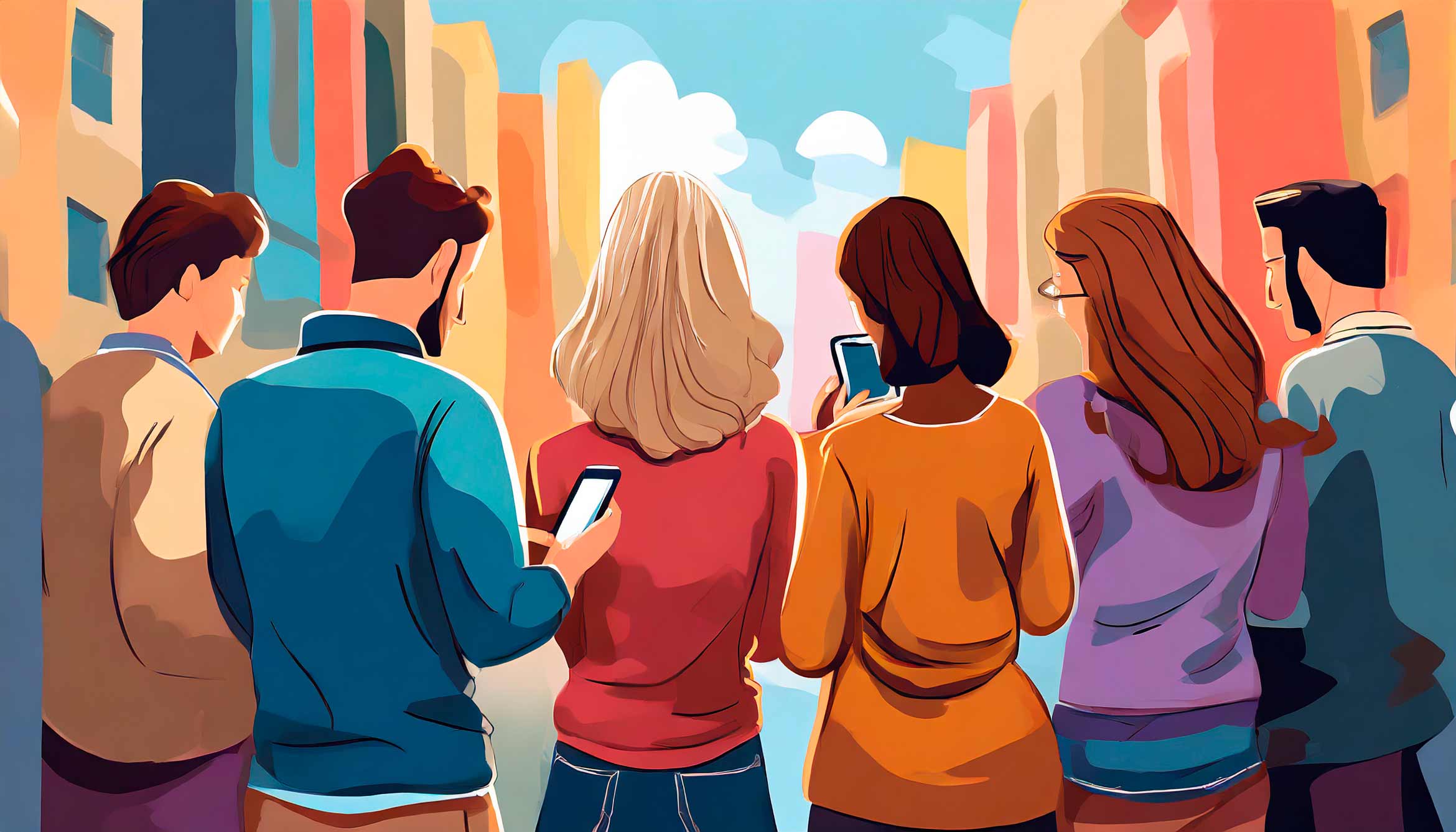 Bright illustration of a series of adults looking at cell phones