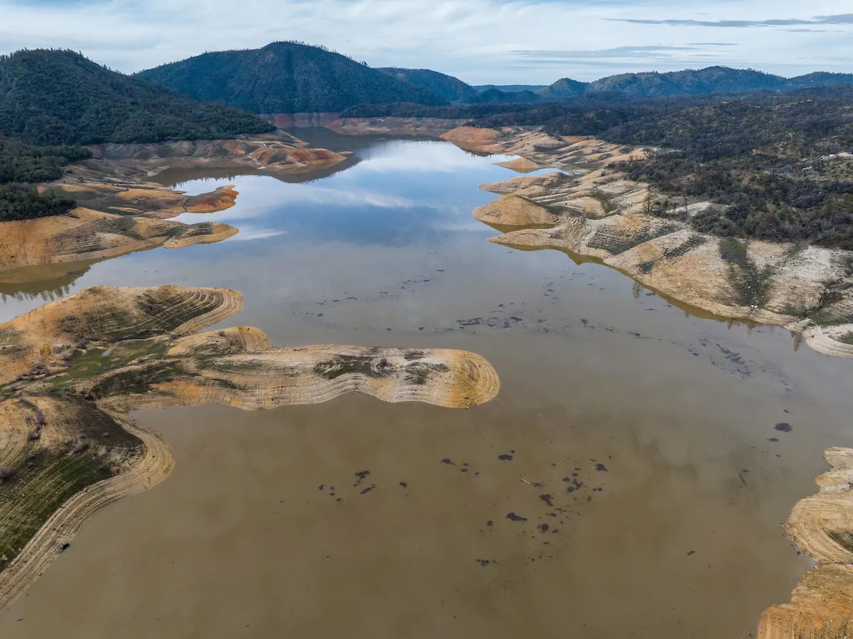 Lake Oroville, a California reservoir, with low levels of water