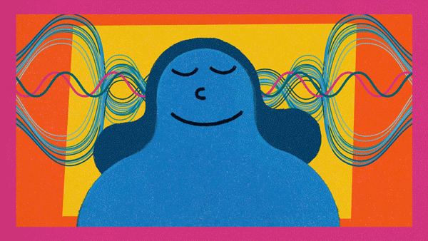 An illustration of someone in the flow state, looking peaceful why "flow" waves roll behind them