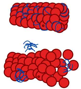 A clump of tight red dots with blue lines in them on top, and a loose clump of red dots with blue lines clumped mostly outside the dots