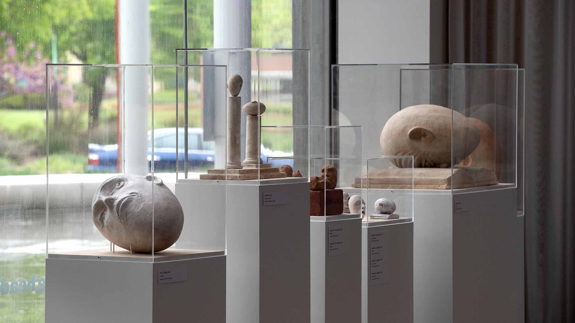 Five eggheads of various sizes and expressions in glass display cases