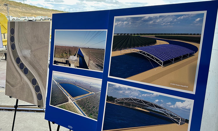 A display outdoors showing solar panel over canal designs
