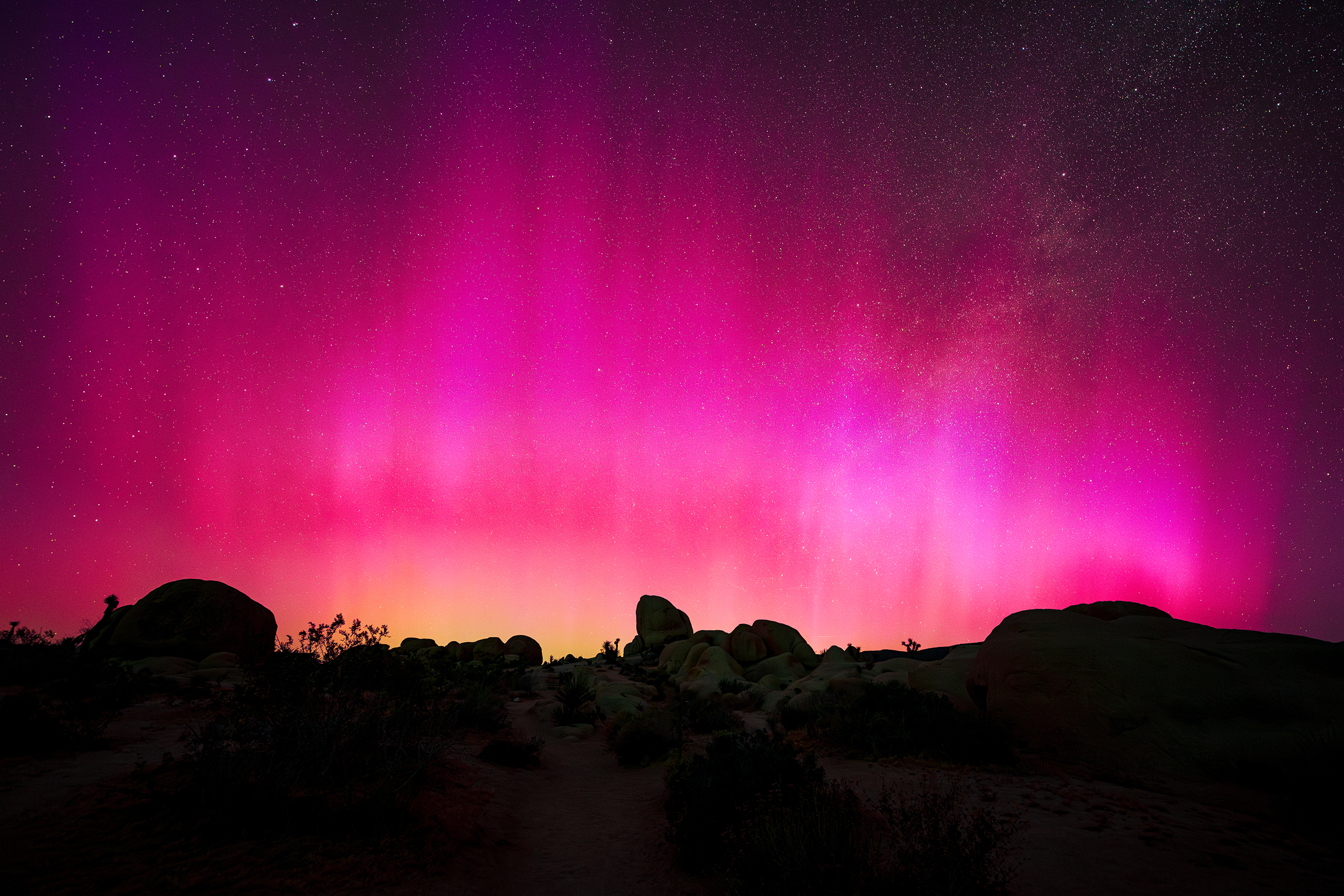 Aurora borealis, in bright orange to pink to dark red, over a landscape in Joshua Tree National Park. Photo by Erik Jepsen