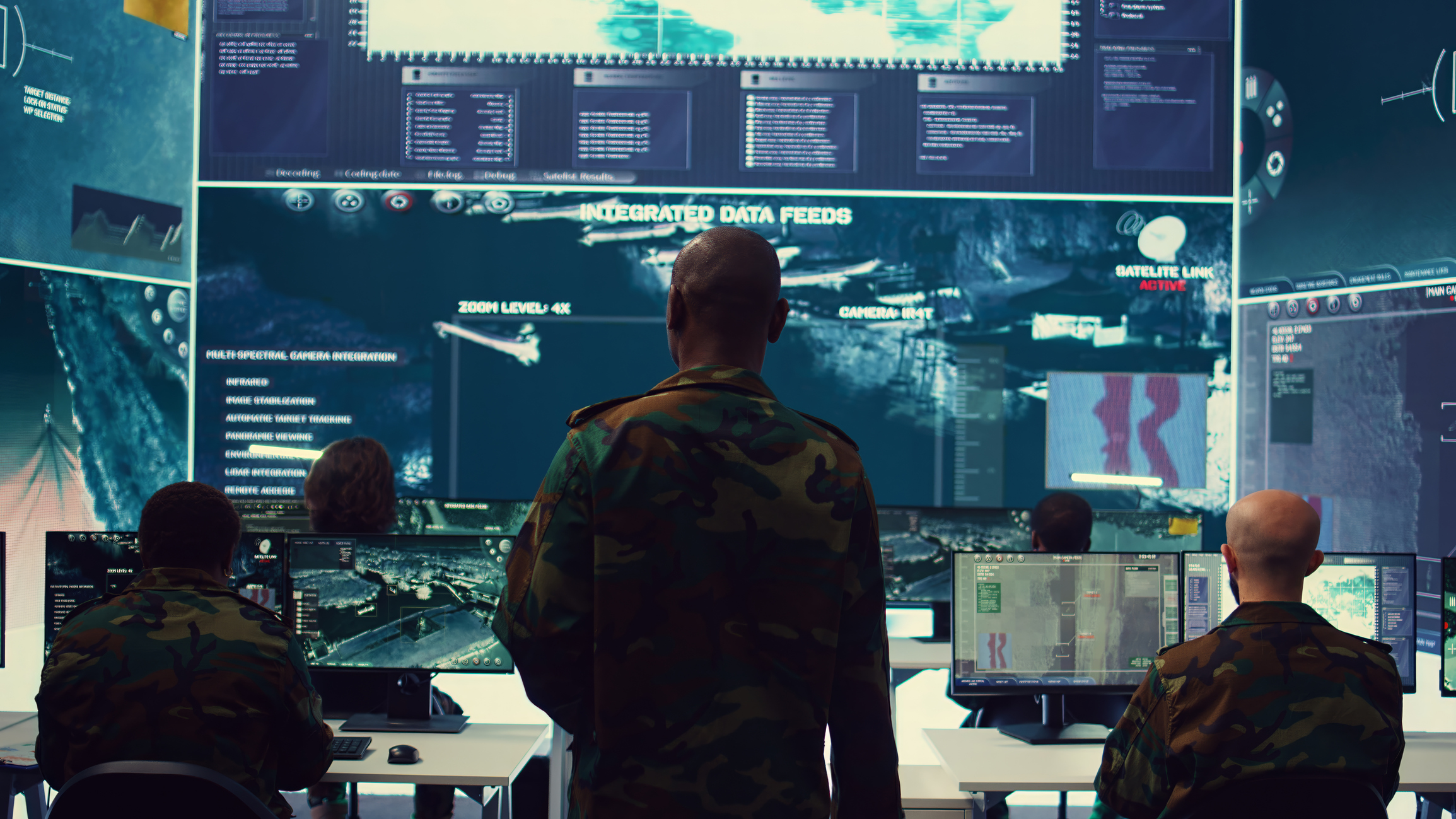 A commander stands looking at a large screen as soldiers seated look at other smaller screens