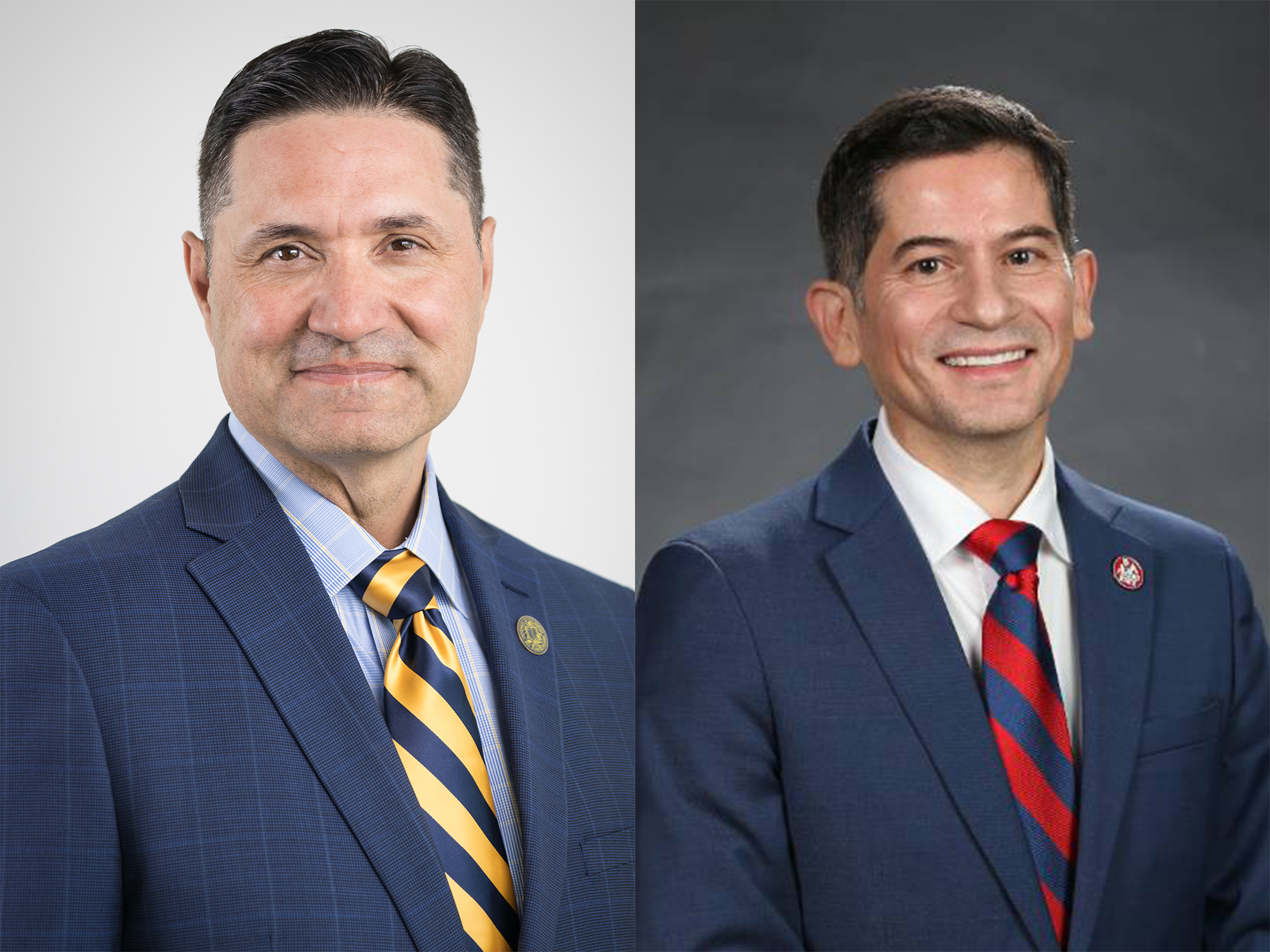 Chancellor Juan Sánchez Muñoz in a blue suit and Fresno State President Saúl Jiménez-Sandoval in a blue suit, side by side headshots