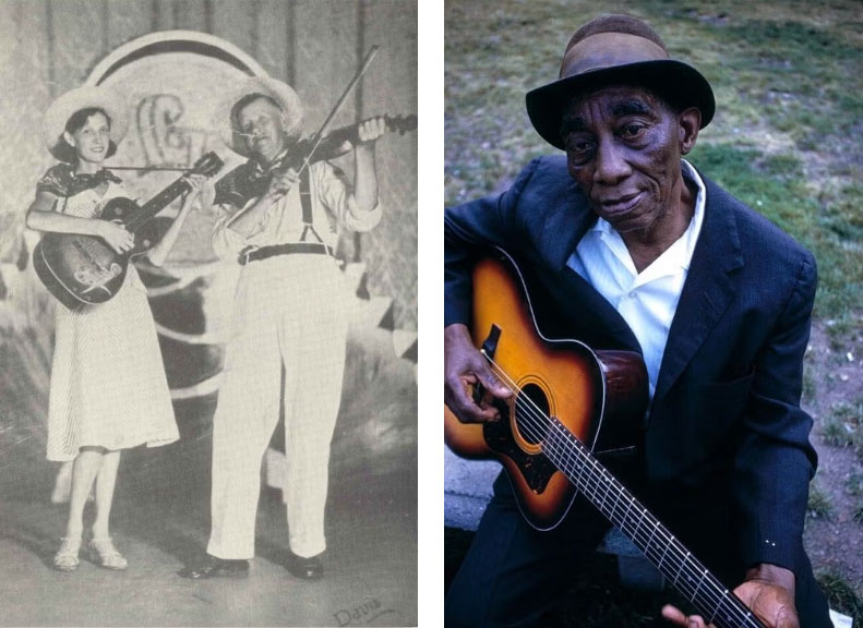 Two side-by-side photos. The left is a black and white image of a woman playing guitar in a cowboy hat next to a man playing fiddle. The right image is a man wearing a top hat looking mournfully at the camera, holding a guitar