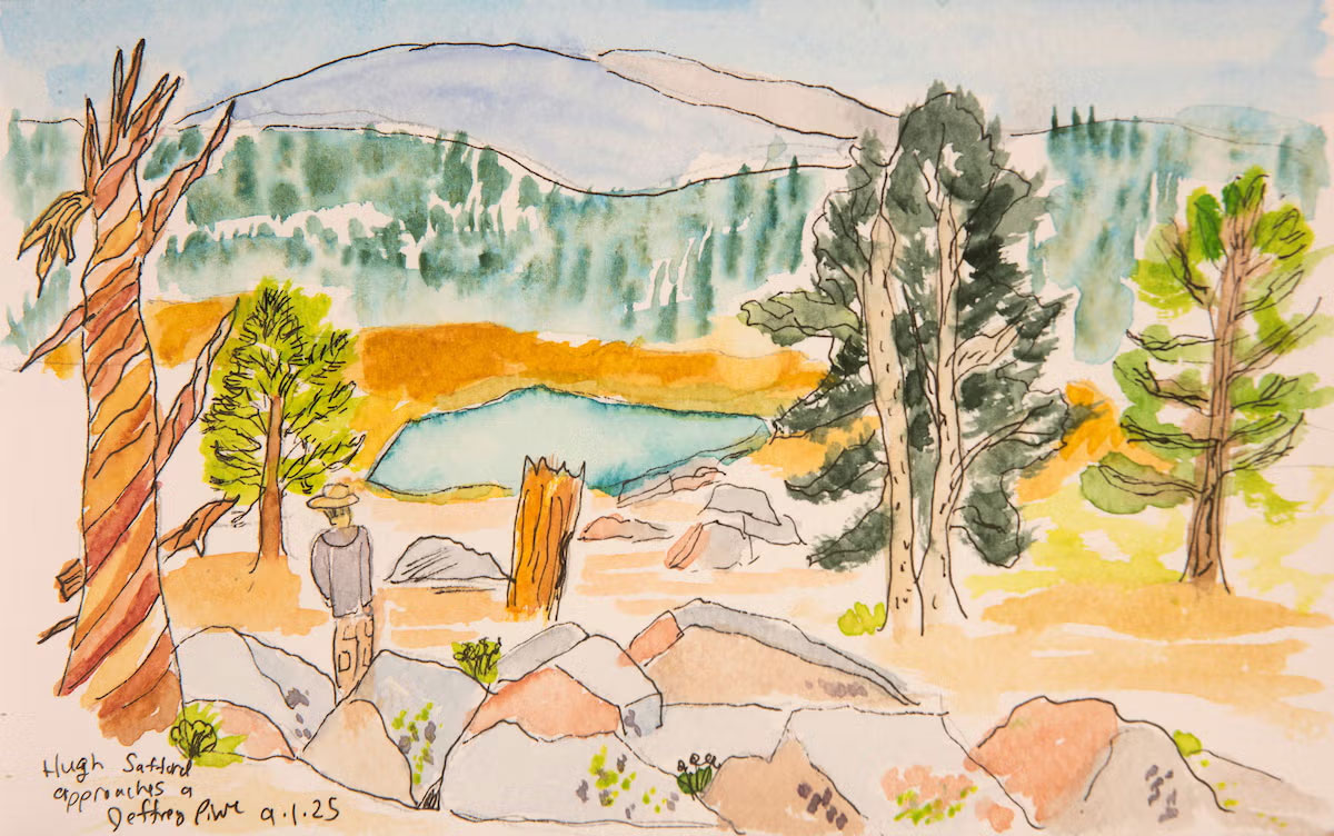 A watercolor and ink landscape illustration shows a person wearing a hat standing among rocks and trees, gazing toward a small turquoise lake surrounded by golden grass and green forest. Mountains rise in the distance under a pale blue sky. The caption in the lower left reads, “Hugh Stafford approaches a Jeffrey Pine 9.1.25.”