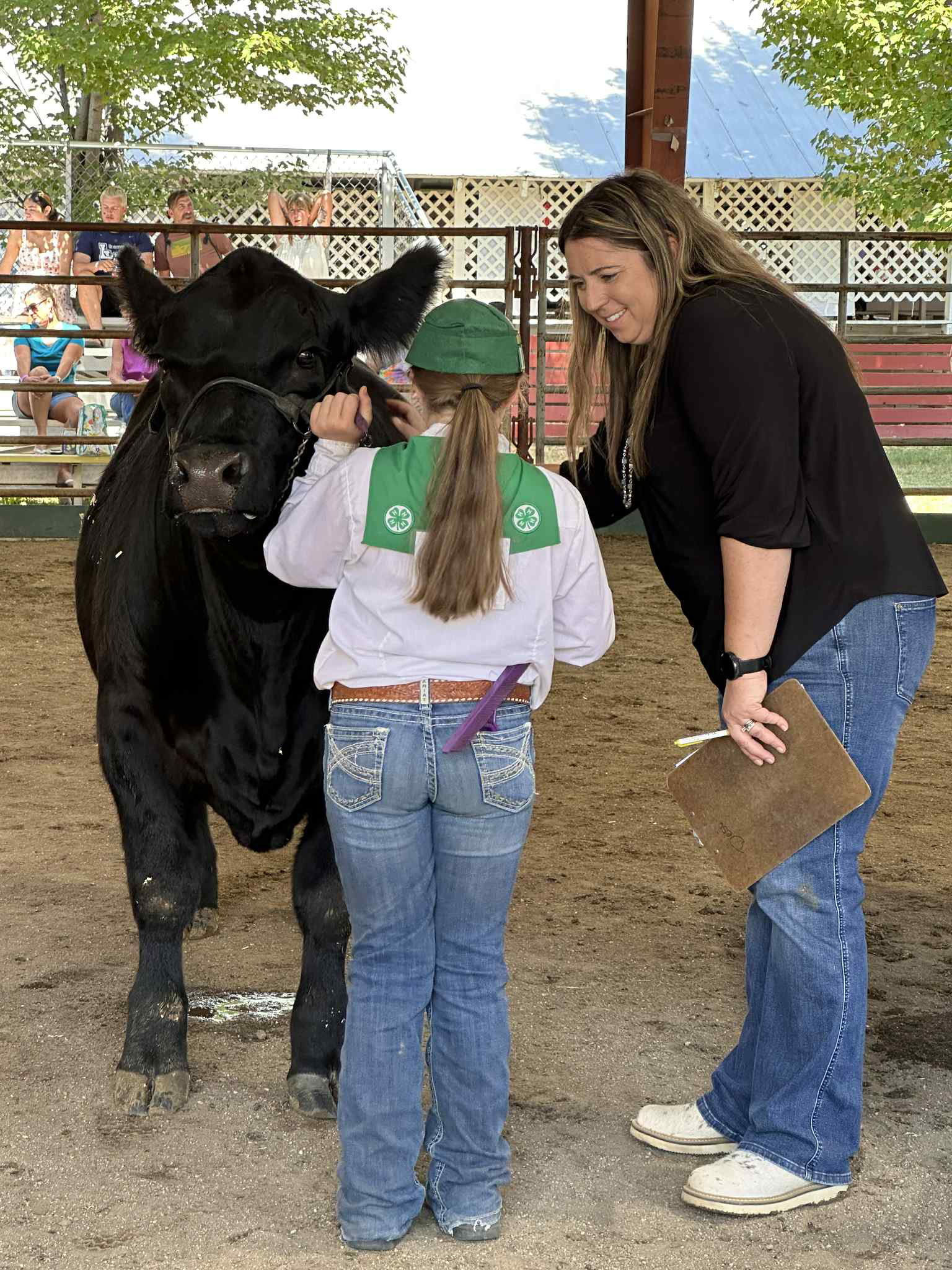 A woman in a black shirt speaks to a 4-H member, not facing camera, as she shows her calf in competition