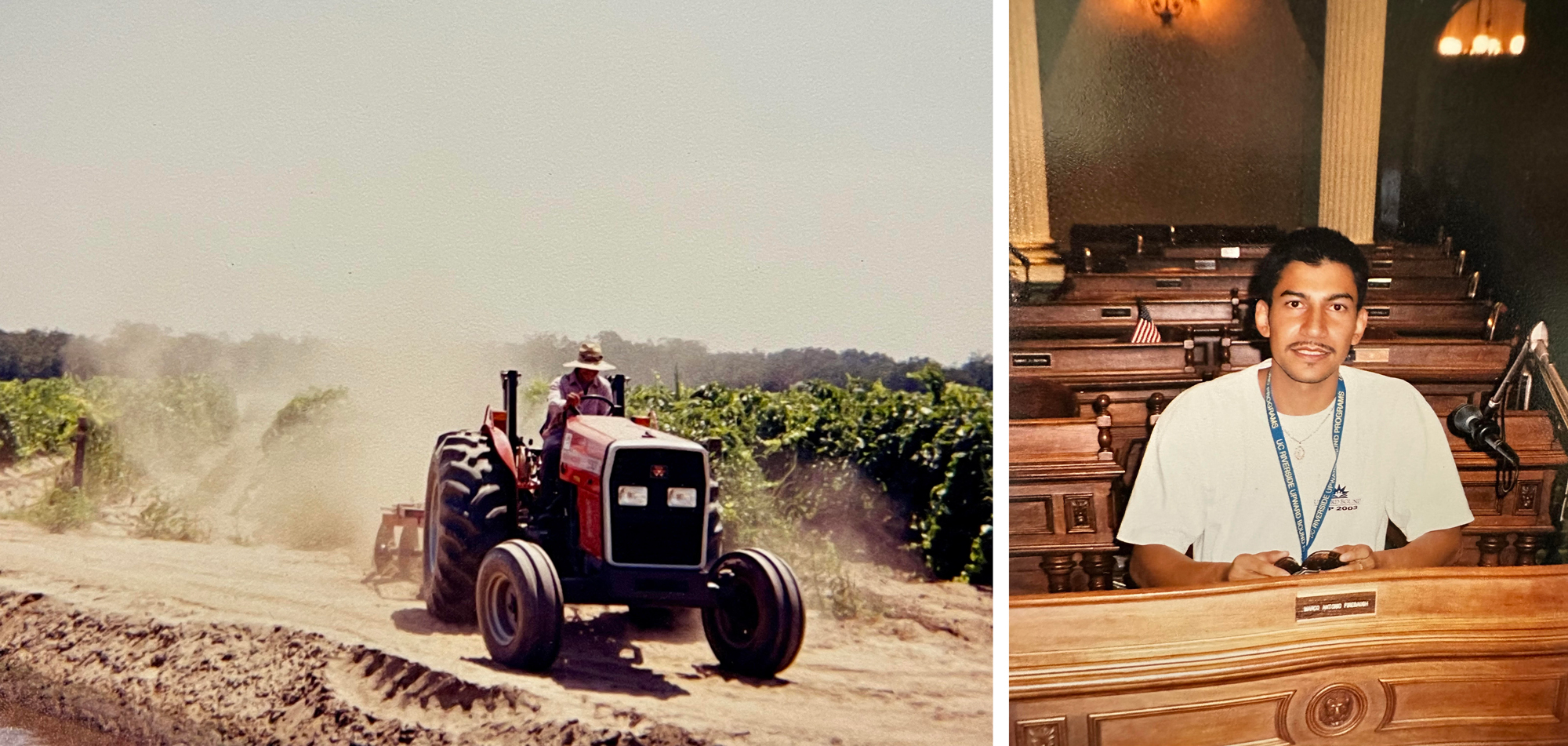 A picture of a man in a straw hat driving a tractor in a vineyard next to a picture of a young man sitting in the California state capitol building