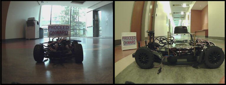 t the top, two photos show a small wheeled robot indoors facing a printed sign that reads “PROCEED ONWARD,” once in an open lobby and once in a hallway.