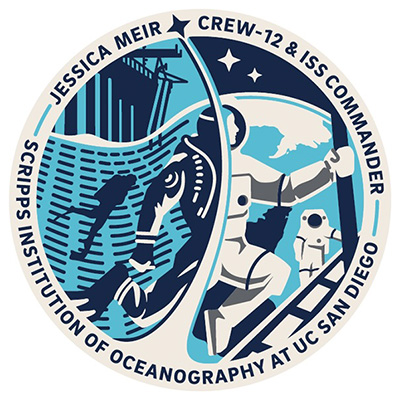 A commemorative patch that shows an astronaut with multiple smaller astronauts in the background that names Jessica Meir as crew commander, Scripps Institution of Oceanography at UC San Diego