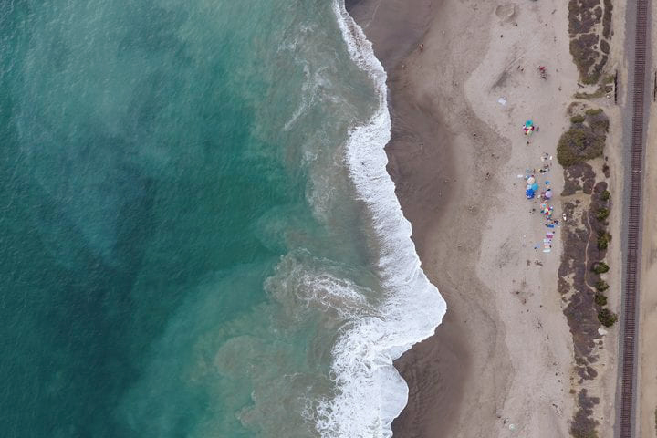 An aerial photo of a beach in Southern California.