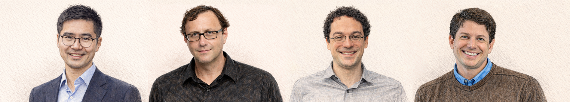 Four adult men standing side by side against a light, textured background, smiling toward the camera and wearing casual to business-casual clothing, presented as a professional group portrait.