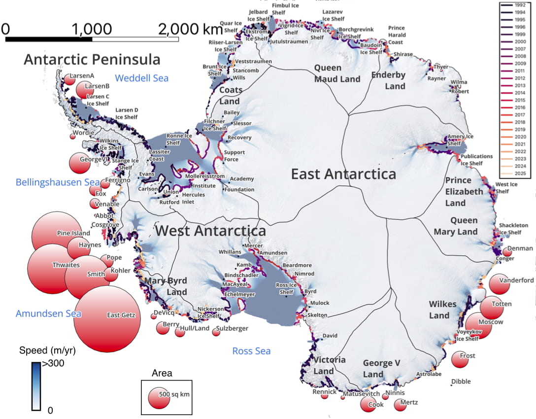 A detailed map of Antarctica showing where melting is occuring