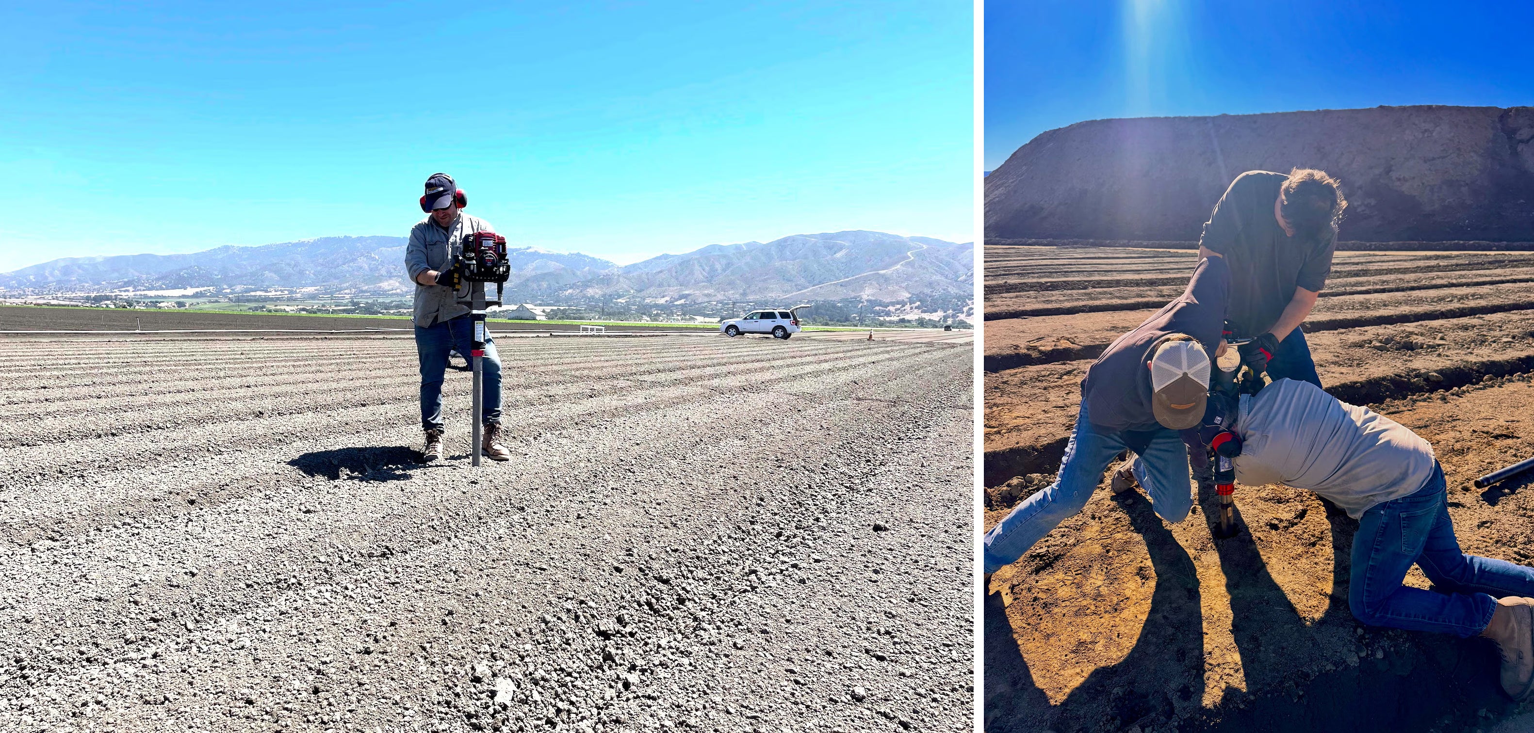 Men using equipment to take soil samples from bare fields
