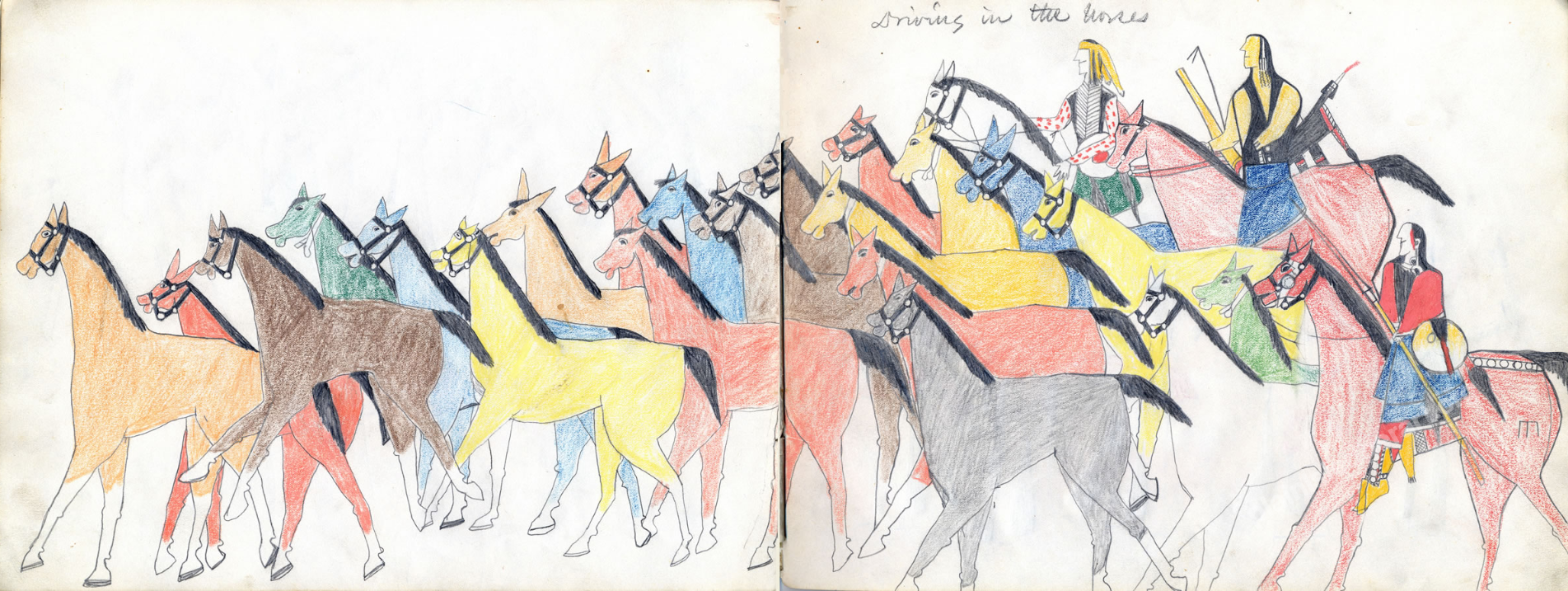 An illustrated spread showing people on horseback driving a herd of horses, from the Koba-Russel sketchbook
