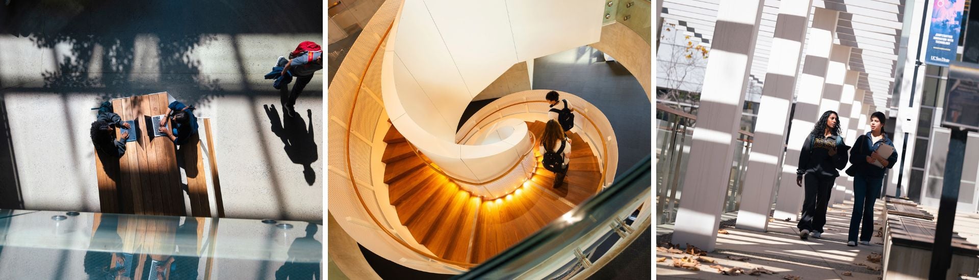 Three photos side by side; one of students working from above, one of students walking down a spiral staircase, one of two students walking outside on a bright but intermittently shaded walkway