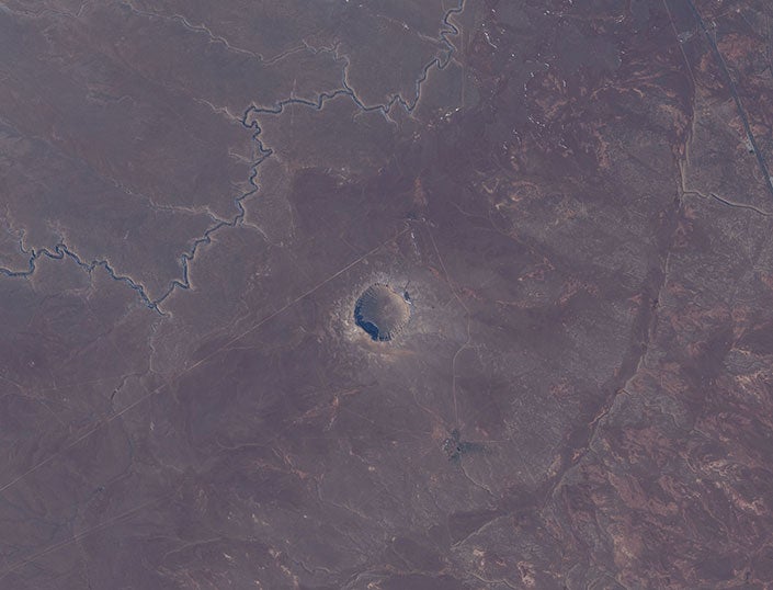 A view of a meteor crater from above