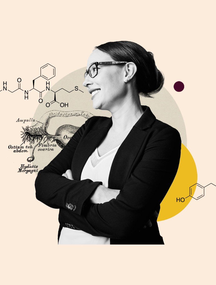 Portrait of Élora Midavaine smiling and looking to the left, wearing a black blazer, set against a pale background with overlaid hormone chemical diagrams, vintage anatomical illustrations, and abstract colored circles