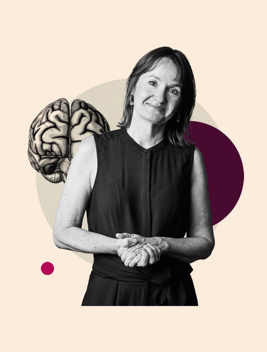 Portrait of Riley Bove smiling and with her arms clasped, wearing a black top, set against a pale background with overlaid a vintage anatomical illustration of a brain, and abstract colored circles