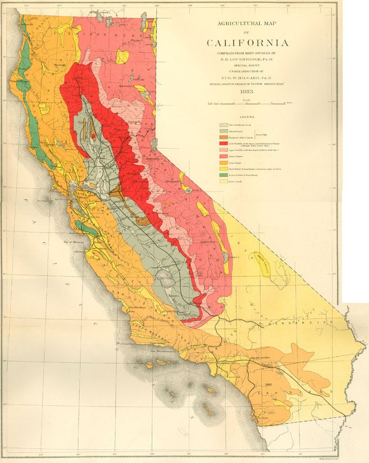 Old map of the soils of the state of California with a number of colors on it, including large swaths of reds, orange, yellow and green