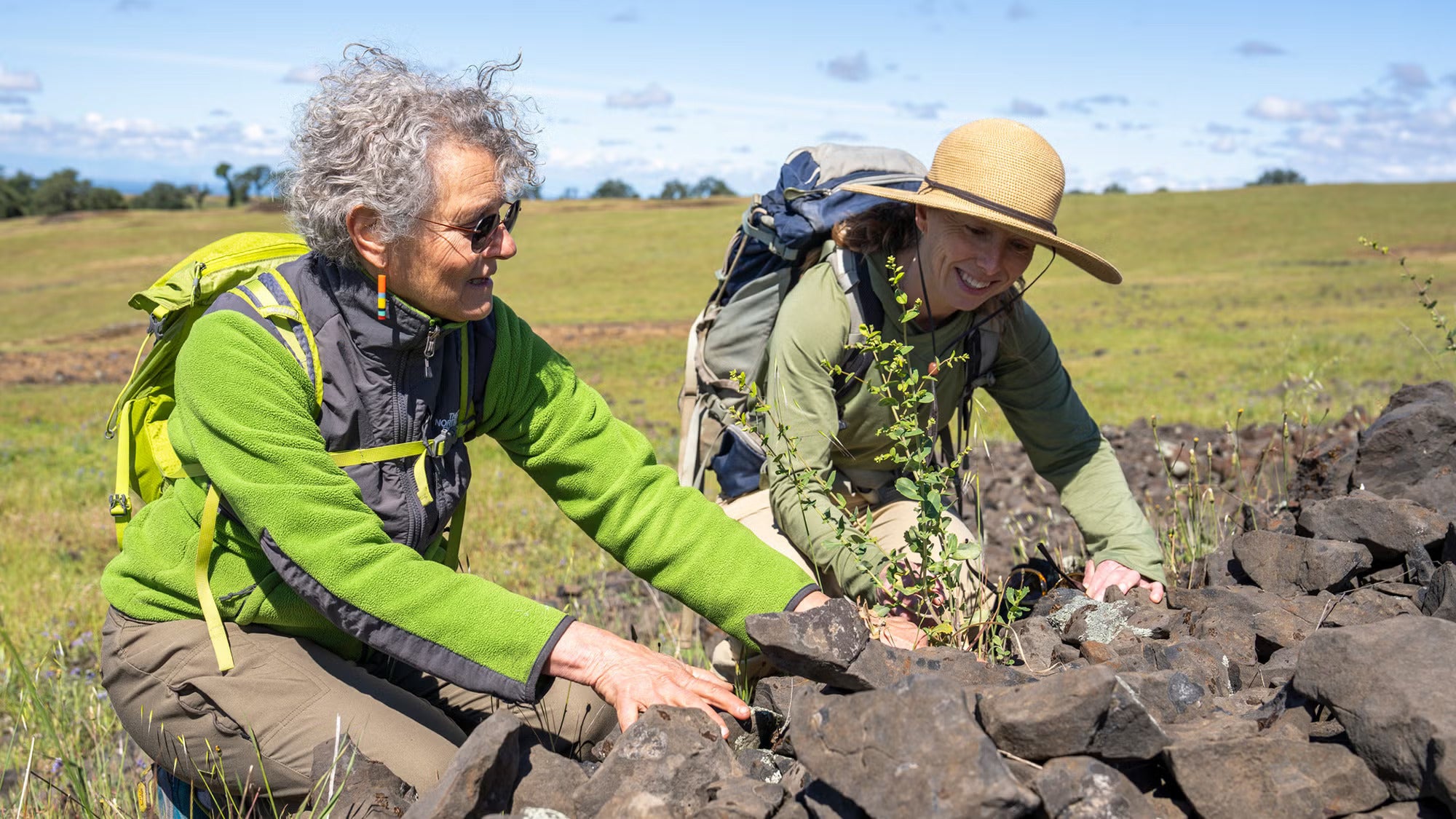 Two women in green jackets kneel at a dry-stone wall, by rocks in a sunny, grassy field