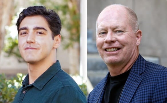 Left, a graduate student with short black hair, right, a professor with a blue jacket
