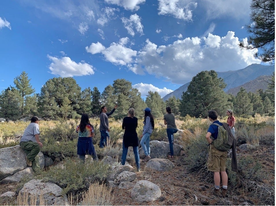 Researchers and partners talking at a demonstration site in the Eastern Sierra.