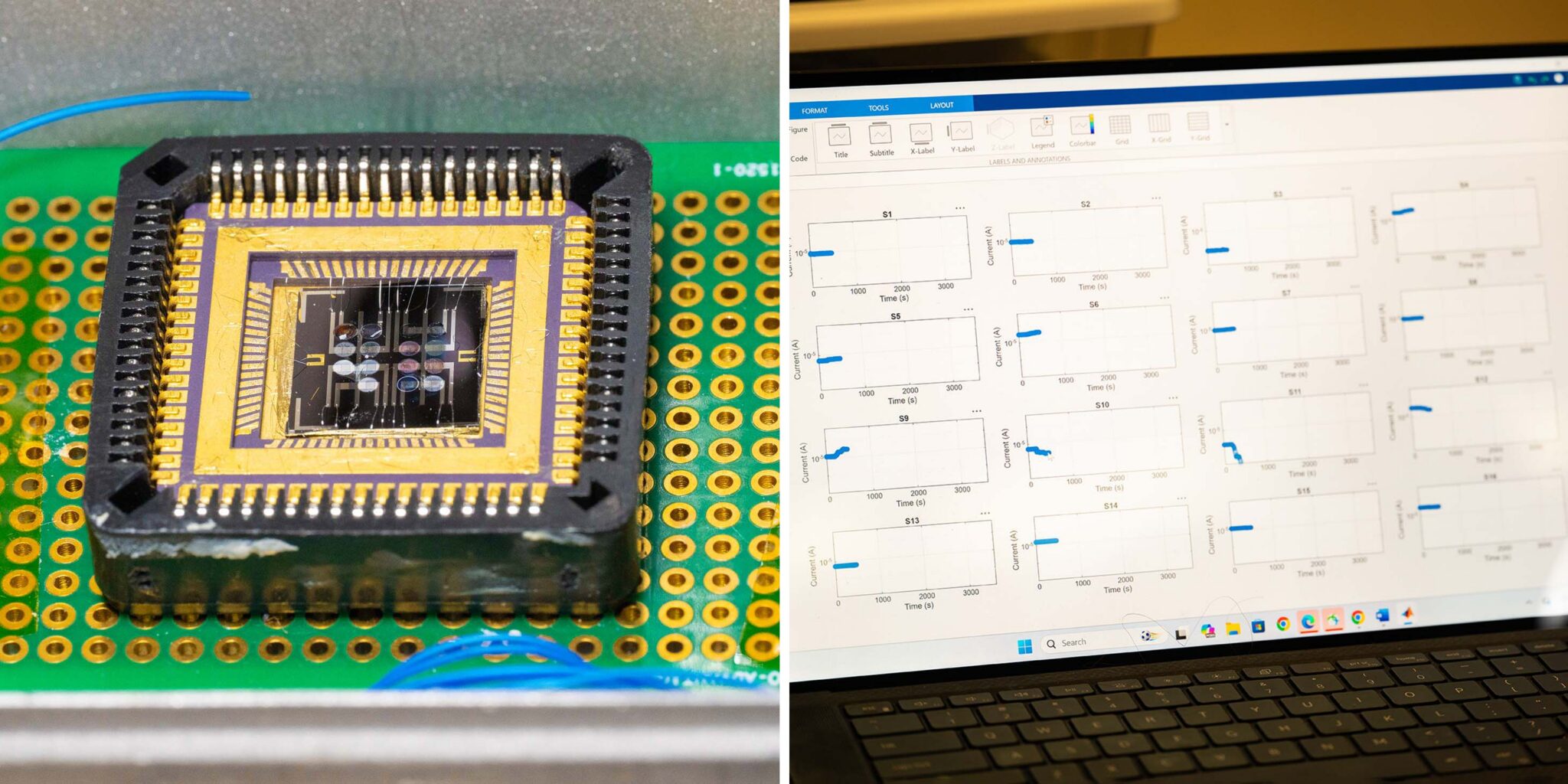 On the left is a close-up of a complex electronic chip. In the center of the chip is an array of 16 semi-transparent circles. On the right is a photo of a computer screen showing 16 different graphs