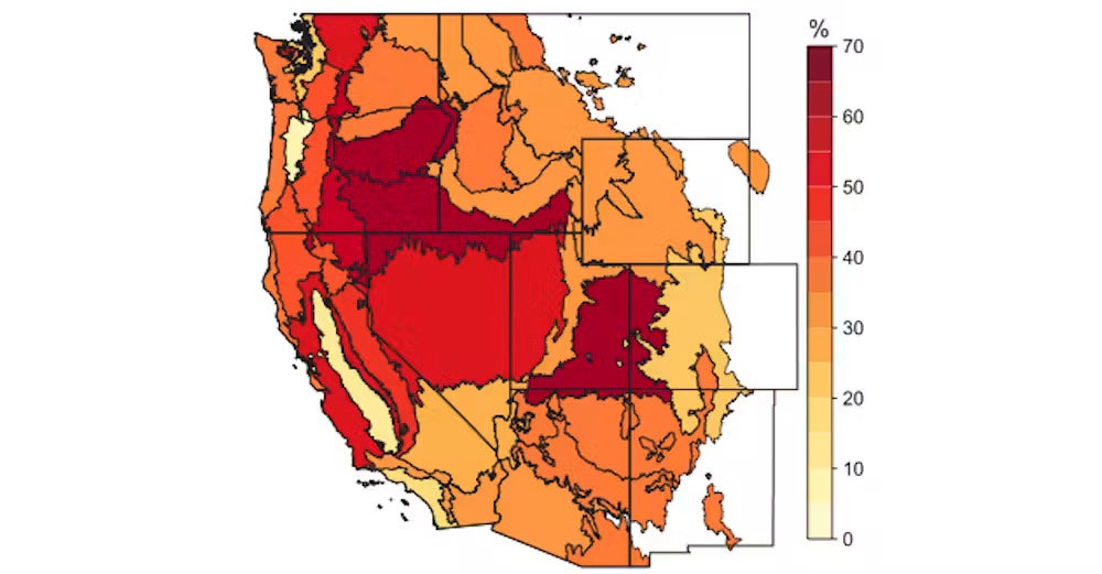 Areas of the western United States colored in various shades of red
