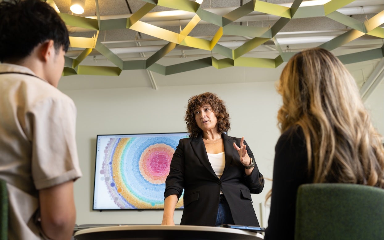 A view from the students' angle looking up at a professor speaking in front of a screen