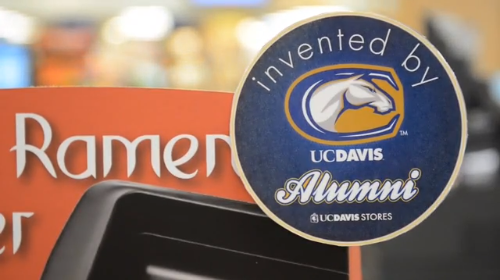 Still from video about ramen cooker, showing invented by UC Davis Alumni sign