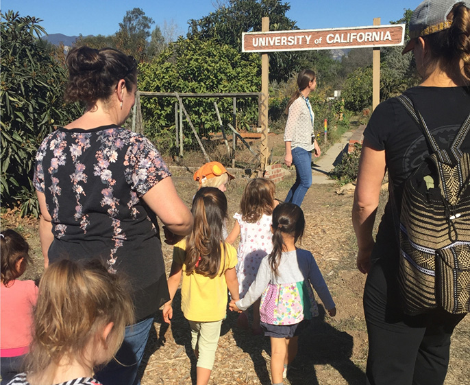Preschoolers from the Orfalea Family Children’s Center at UCSB enter the campus Greenhouse & Garden Project for a lesson in gardening.