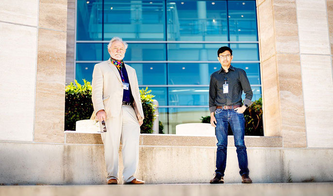 Peter Walter (left) and Aashish Manglik (right) outside at Mission Bay